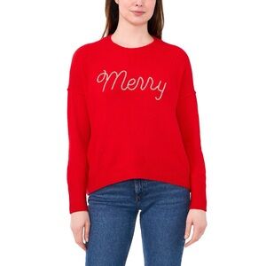 Vince Camuto Red Crewneck Christmas Sweater w/ Silver Beaded 'Merry' Embroidery